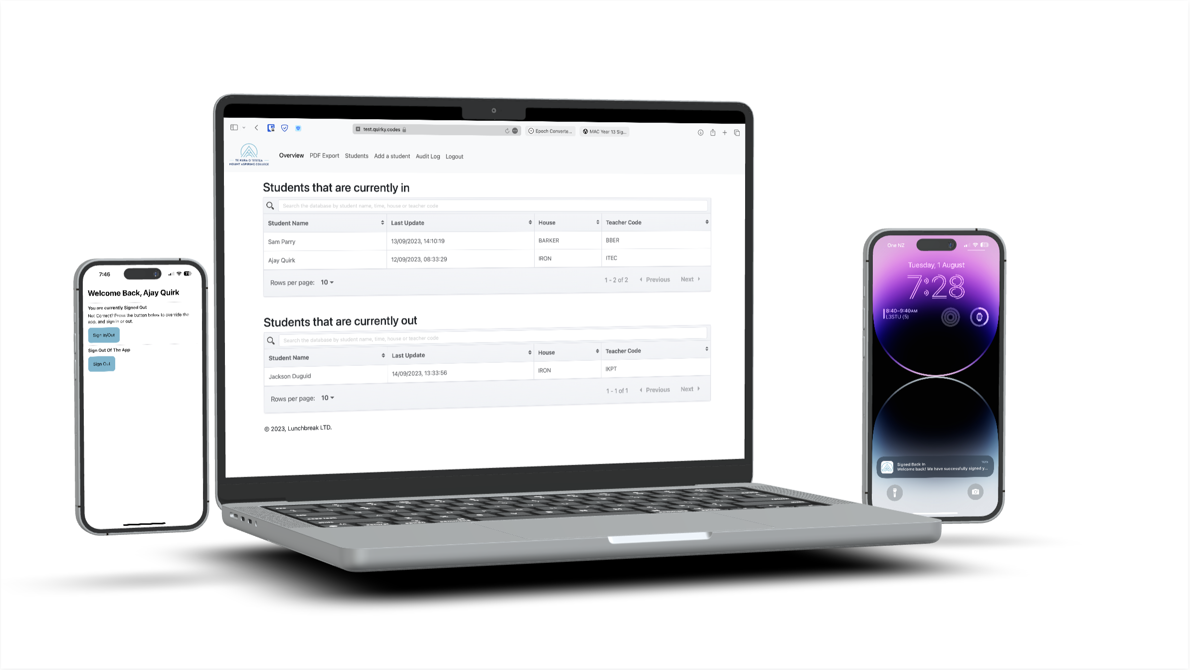 Lunchbreaks admin interface shown on a computer and the mobile app